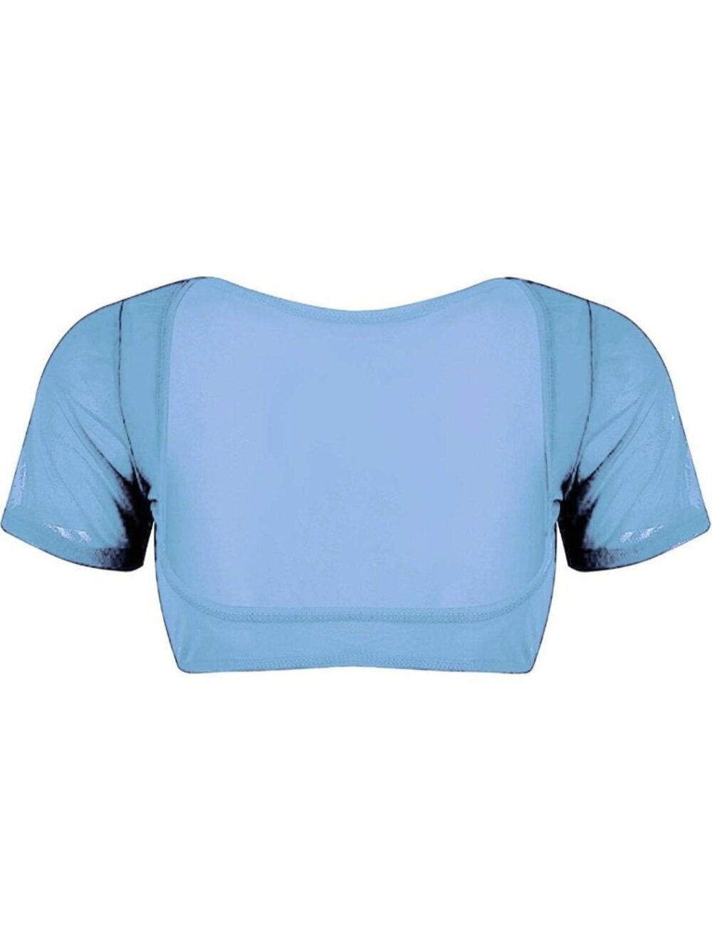 Women's Blue Mesh Open Bust Short Sleeve Spandex Belly Dance Crop Top